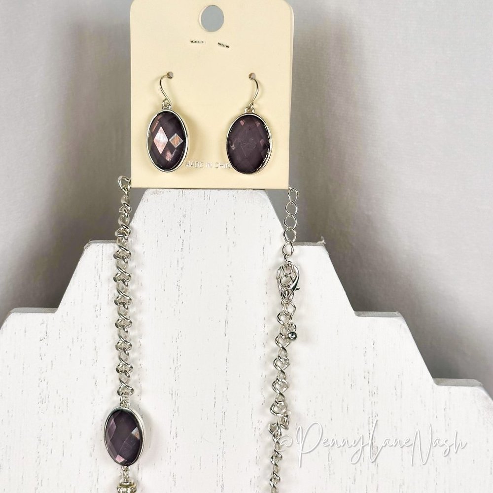 Vintage Oval Gem on Silver Chain Necklace & Earrings Set - Picture 3 of 5